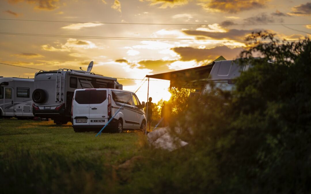 Camper vans parked at a campsite with the sun setting behind